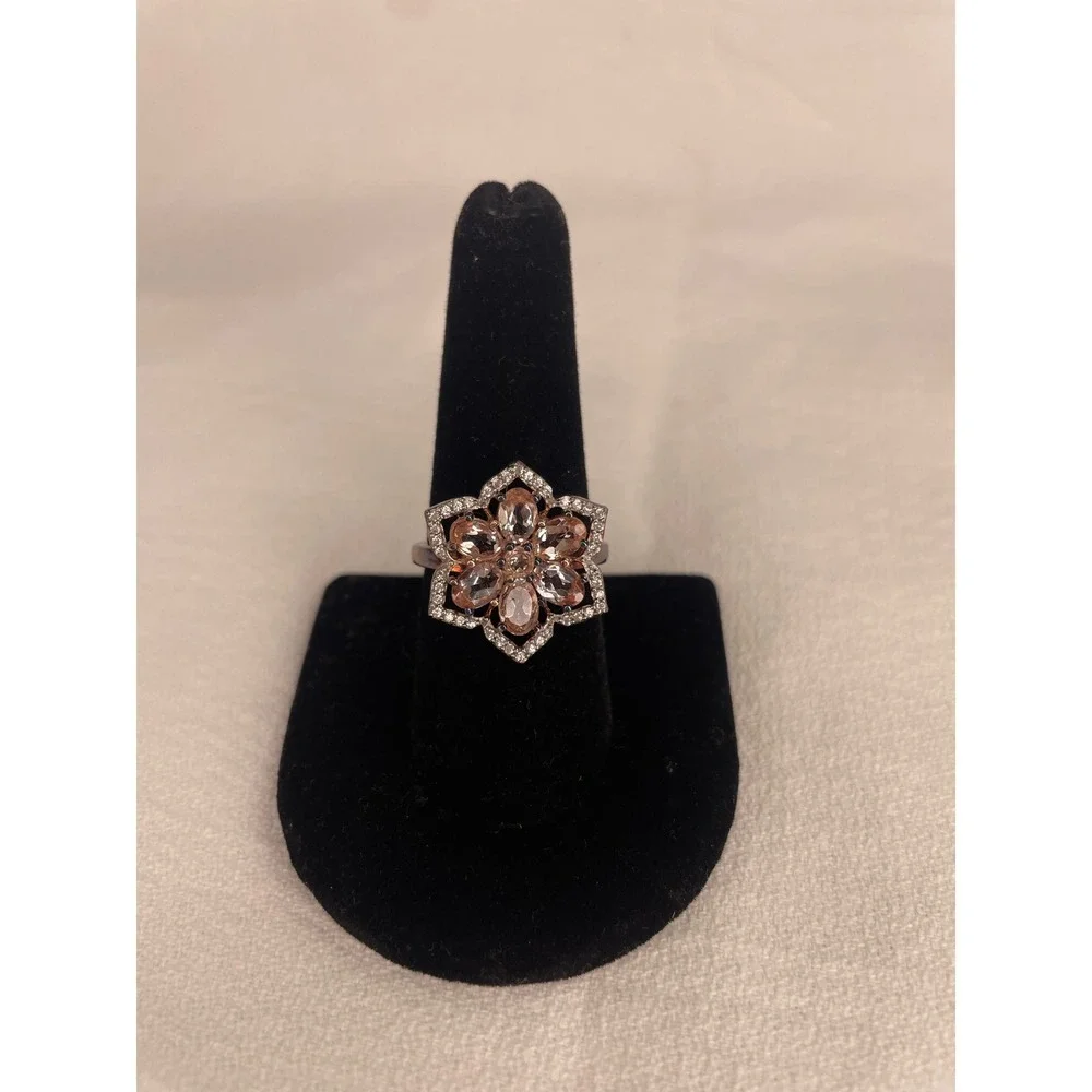 Champagne Crystal Flower Cocktail Ring Silver Tone Hexagon Statement Size 8
